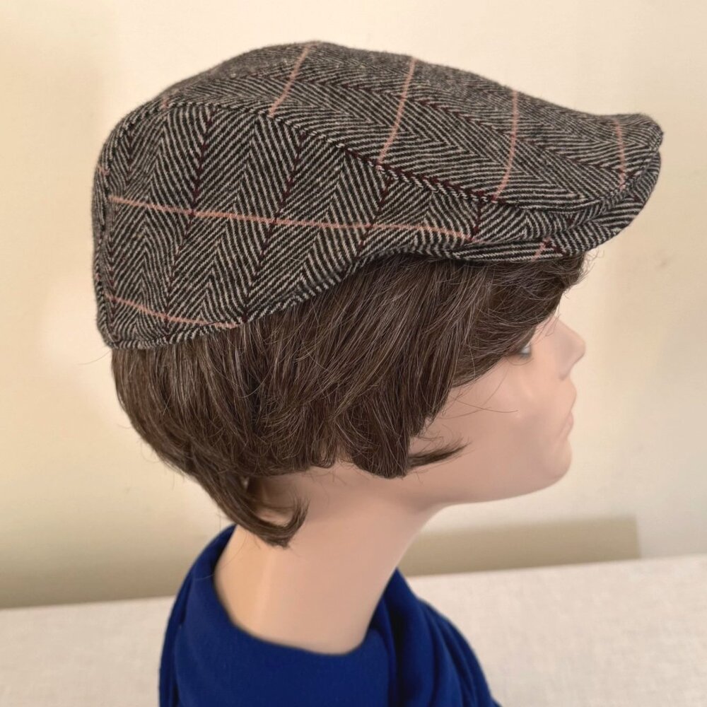 Handmade Mens Large Herringbone Pattern Wool Flat Cap Gray Plaid Newsboy